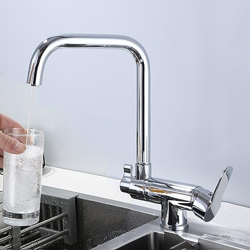 XJTNLB Grifo 3 Vias Osmosis Grifo Flexible Cocina Grifo Cocina 3 Vias Osmosis Abatible Latón Grifo Giratorio Grifo Cocina con Osmosis Integrado,Cromo