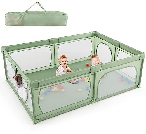 LIFEZEAL Baby Laufstall Faltbar 200 x 140 x 68 cm, Laufgitter mit 50 Spielbällen, Tragetasche, Seitentasche, Krabbelgitter Aktivitätszentrum für Kinder