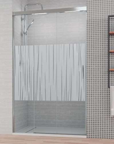 Mampara de Ducha Frontal Corredera 3 Hojas | 2 Puertas Correderas + 1 Fijo | Cristal Templado 6mm Antical Serigrafía | Altura 195cm | Perfil Cromo Brillo 125 cm (Adaptable 120,1-125cm)