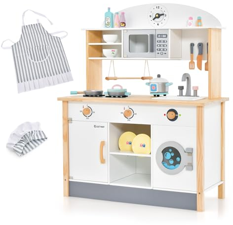 COSTWAY Cuisine Enfants en Bois avec 17 Accessoires, Jeu de Cuisine avec Micro-Ondes & Machine à Laver, Espace de Stockage, Boutons et Son Réaliste, Jouet d’Imitation pour Enfants de 3 Ans+