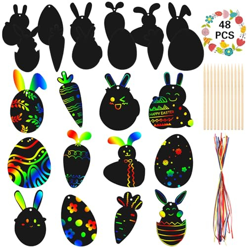 Aoriher 48 Blatt Ostern Kratzbilder mit 48 Stück Bändern und 24 Stück Kratzwerkzeugen Ostern Kratzpapier Hasen Eier Regenbogen Kratzpapier Dekoration DIY Ostergeschenke Party Taschenfüller für Kinder