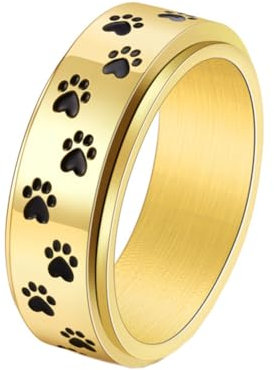 HIJONES Herren Punk Welpe Hund Pfote Drehbarer Ring aus Rostfreier Stahl Fidget Ringe Stressabbau Angst Geschenkgold Größe 62 (19.7)