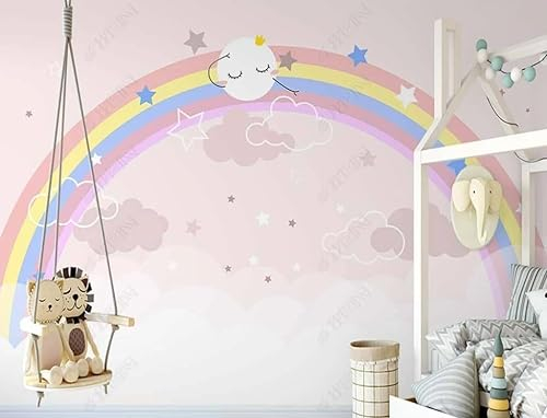 Fototapete 3D Effekt Tapeten 3D Cartoon Regenbogen Rosa Sternenhimmel Wolken Kinder Wohnzimmer Schlafzimmer Flur Modern Vlies Tapete Vliestapete Wandtapete 350Cm(W)*256Cm(H)