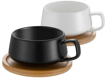 2er Set Cappuccino Tassen mit Unterteller, 320 ml Kaffeetassen, Espressotassen aus Steingut für Tee Kaffee Cappuccino, Kaffeebecher mit Holzscheibe, Schwarz&Weiß