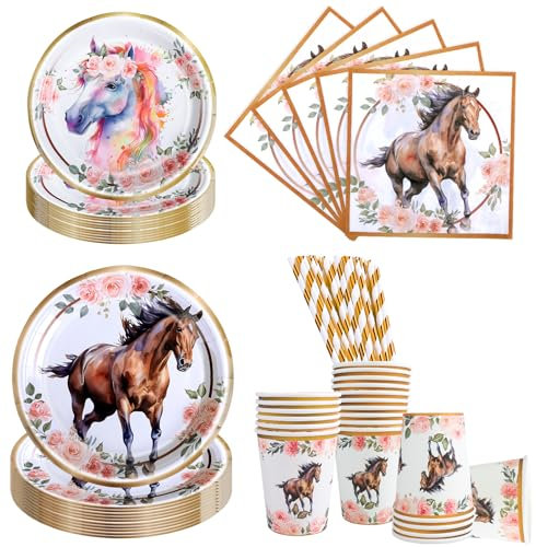 Aitsite Lot de 100 assiettes de fête motif cheval - Assiettes de fête d'anniversaire pour 20 invités - Vaisselle d'anniversaire cheval - Décoration de fête d'anniversaire d'enfant