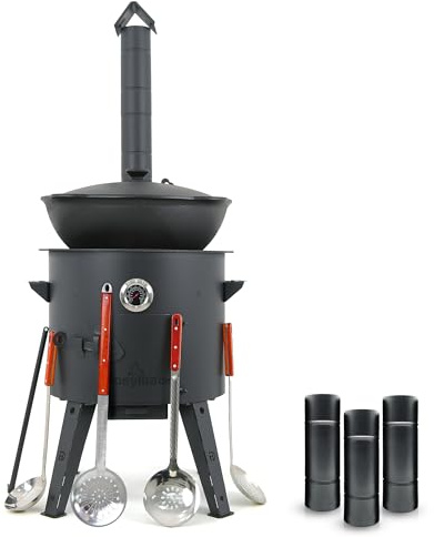 Feuerofen Ø 44cm Herdplatte Ø48 cm Kazan Ø 46,5 cm (16 L) runder Boden Thermometer Schornsteinverlängerung 2Schaumlöffel Schopfkelle 48 cm Schaumlöffel 64 cm (Set - 572)