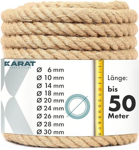KARAT Corde de Jute Naturelle Tosadée Arnold - Corde à Grimper en Jute 100% Naturel - Extra Résistant, Ficelle Cordage pour Bricolage, Jardinage, décoration, DIY, Arbre à Chat (Ø 18mm, 50 mètres)