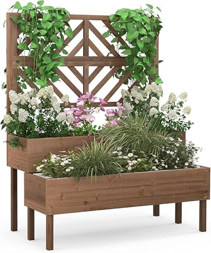 Nightcore Outdoor Elevated Garden Bed with Trellis,Raised Garden Bed with Legs & Drain Holes,2-Tier Wooden Planter Box for Vegetable Fruit Herb