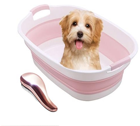 Eqvexd Bañera Plegable para Perros,Mascotas pequeñas portátiles para Interiores y Exteriores,con Cepillo para el Cuidado de Mascotas bañera para Perros pequeños,Gatos y Mascotas,Pink