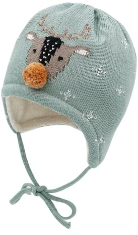 maximo GOTS Baby-Mütze, ausgenäht Rentier-Jacquard, Teddyfutter, Minipompon Made in Germany