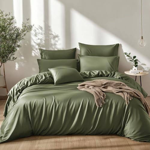 Lanqinglv Bettwäsche 200x200 cm aus 100% Bambus Lyocell,Grün Mako Satin Bettwäsche Set Kühlende mit Reißverschluss,Oeko-TEX Zertifiziert,Luxus Glatt Bettbezug 200x200 und 2 Kissenbezug 80x80