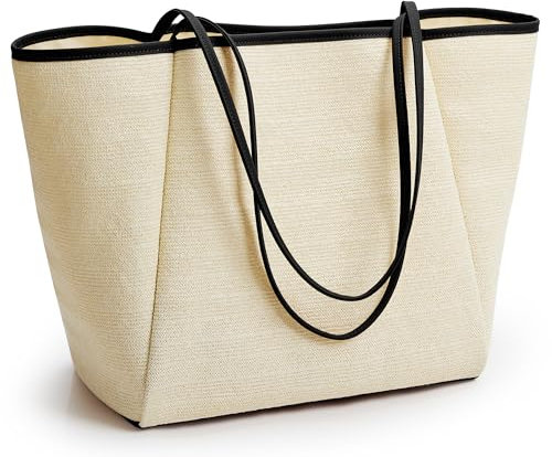KALIDI Stroh-Tragetasche, Strandtasche, gestreift, Schultertasche, Handtasche, Nähte, gewebter PU-Ledergriff, Reißverschluss, Innentasche, Reisen, Einkaufen, Picknick, beige-schwarz, 19x14x6 inches