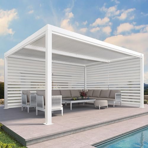 PURPLE LEAF Lamellenpergola 3.65 x 4.8 m mit Rollos Alu Pergola mit Lamellendach Wasserdicht Stabil Winterfest Lamellenpavillon für Terrasse, 1 Lange Seite und 1 Kurze Seite, Weiß