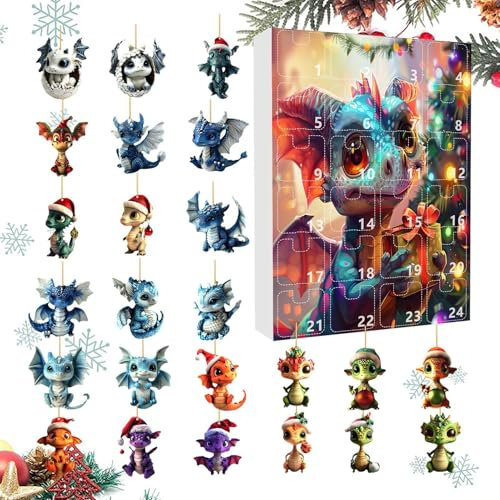 Drachen Adventskalender 2024, Weihnachts-Drachen-Ornament-Adventskalender, Dinosaurier Adventskalender 2024 Mit 24 Stück 2D Acryl Niedlichen, Drachen Weihnachtsbaumschmuck Für Jun-gen Und Mädchen