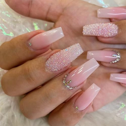 Ombre Pink Press on Nails, 24Pcs Long Coffin False Nails with 3D Rhinestones Glossy Pink White Gradient Stick on Nails