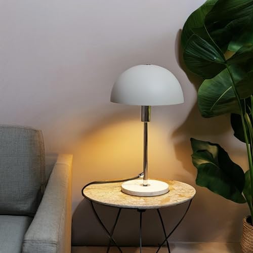 Lightbox Pilz-Tischlampe | 36 cm Höhe, Ø 20 cm | Home Office Schreibtischlampe mit Schalter & Standfuß aus Travertine Stein | als Nachttischlampe, Büro Zubehör | aus Metall in Schwarz/Silberfarben