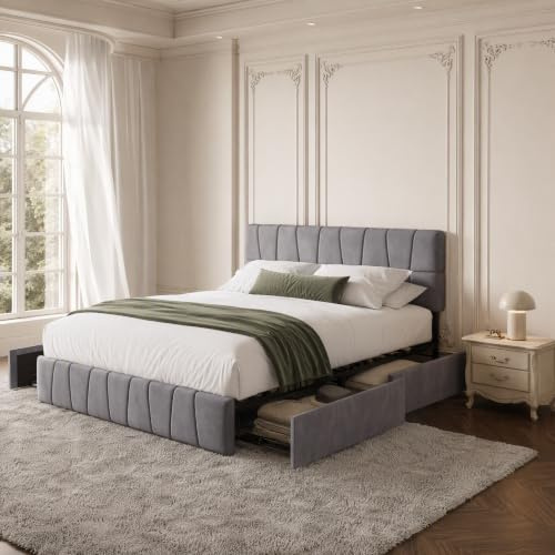 Polsterbett 160x200 cm mit Stauraum, Doppelbett Stauraumbett mit 4 Schubladen, Funktionsbett mit Kopfteil, Jugendbett Bettgestell mit Lattenrost (Grau, Samt B)