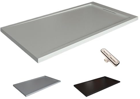 VAROBATH | Plato de ducha de resina STYLE - Resina con relleno mineral y textura pizarra antideslizante C3 - Incluye válvula de desagüe y rejilla oculta (ARENA RAL7035, 70X130)