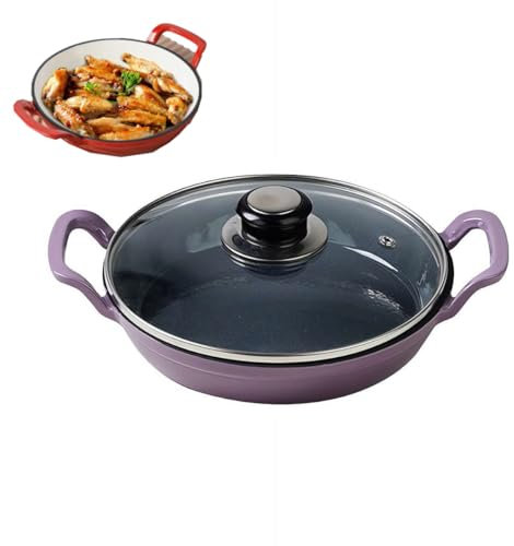 tkerinse Enameled Cast Iron Round Braiser, Enameled Cast Iron Dutch Oven Shallow Casserole Braiser with Dual Handle, Heavy Duty Multi-Purpose Nonstick Braiser Pan for Cooking (Purple With lid)