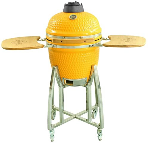 Kamado Japanese Ceramic Barbecue Grill – Diameter 46 cm – Folding Side Tables – Wheels – Charcoal – Built-in Thermometer – Wooden Handle – Yellow – Ideal for Garden, Patio, Camping