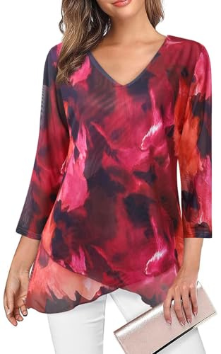 Adigaber Camicie da Donna di 3/4 Manica a Scollo a V Bluse | Taglio largo，Orlo asimmetrico，Doppio strato，Chiffon，Fluido，Leggero，Colore unito，Casual，Camicia da ufficio，Stampato
