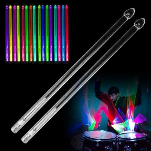 15 Farben LED Leuchten Trommelstock, 5A Leuchtende Drumsticks, Aufladbar Leuchtende Schlagzeug Sticks, Beleuchtete Drumsticks Farbwechsel für Percussion und Musikinstrumente Party (1 Paar)