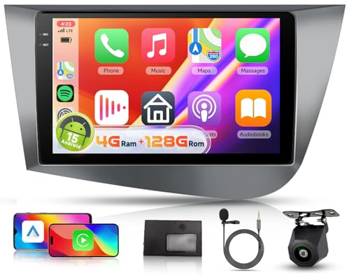 【4+128G】 Hodozzy Carplay Autoradio für Seat Leon 2005-2012 Android Autoradio mit Navi,9 Zoll In-Cell Bildschirm mit Android Auto/WiFi/GPS/RDS/FM/Bluetooth/USB+Rückfahrkamera