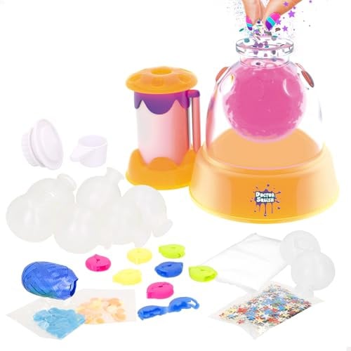 Doctor Squish Estación fábrica de squishies Glow it!, Neon Edition, hasta 8 squishies, Brillan en la Oscuridad, Incluye estación Manual, Cápsulas, Pinzas, Slime y Rellenos, Desde 8 años (48439)