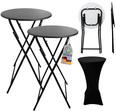 CHEFGASTRO 2XStehtisch mit Husse klappbar rund 60cm Höhe 110cm In- & Outdoor Metall Schwarz Gastro wetterfest Bistrotisch Partytisch Bartisch Klapptisch Gartentisch