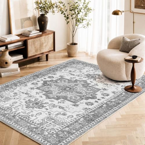 TOPICK Vintage Kurzflor waschbar faltbar Teppich Wohnzimmer 140x200 Grau | Orientalisch Teppich rutschfest Schlafzimme faltenfrei dünn antirutschunterlage Teppich Esszimmer Carpet Living Room Bedroom