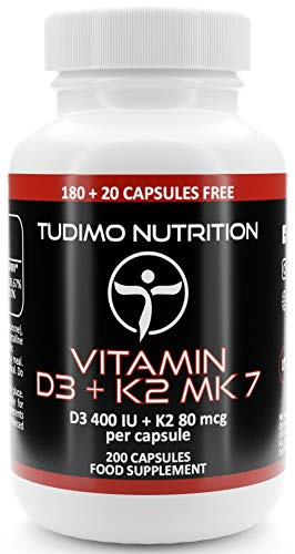Vitamina D3 y K2 MK7 Capsulas 400 UI / 80 mcg – 200 Cápsulas (6+ Meses de Provisión) de Desintegración Rápida con Vit K 2 MK 7 Menaquinona & Vit D Colecalciferol Polvo (D3+K2 Supplement Capsules)