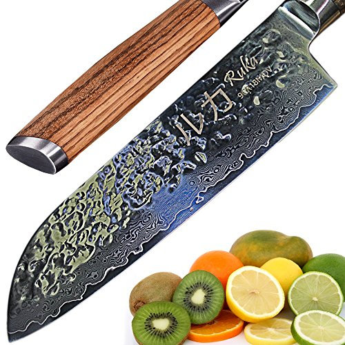 Ruka Couteau Santoku 19cm en acier damas, aspect martelé, tranchant rasoir Couteau Santoku damassé japonais en acier 67 couches, manche ergonomique