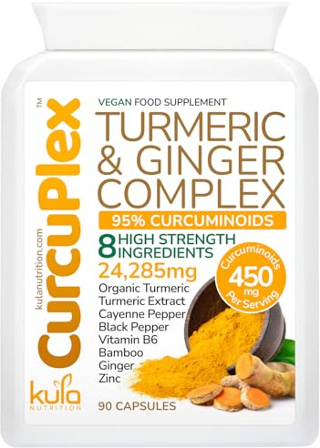 CurcuPlex - Turmeric & Ginger Complex with Black Pepper - 90 Vegan Capsules | High Strength 95% Curcumin Supplement with 450mg Curcuminoids - Anti Inflammatory Joint Care Support - Up to 3 Months Supply