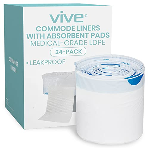 Vive Commode Liners with Absorbent Pad - Disposable Replacement Bag - Fits Standard Adult Bariatric Bedside Commode Pail and Folding, Portable Toilet Chair - Absorbing Sheet Aid (24 Pack)