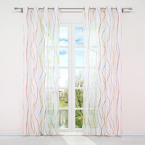 HongYa 1 Stück Voile Gardine Transparenter Vorhang mit Ösen Wellen Druck H/B 245/140 cm Bunt Orange