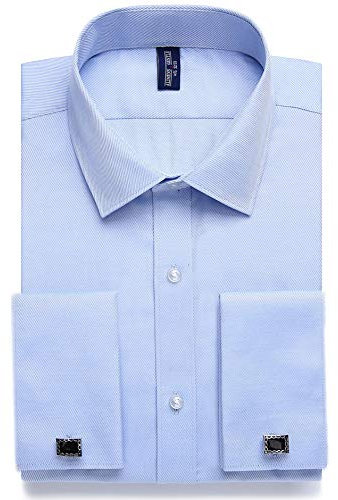 siliteelon Mens Double Cuff Long Sleeve Dress Shirts Cufflinks Included Color: Blue, Size: 17.5 Neck-34/35 Sleeve
