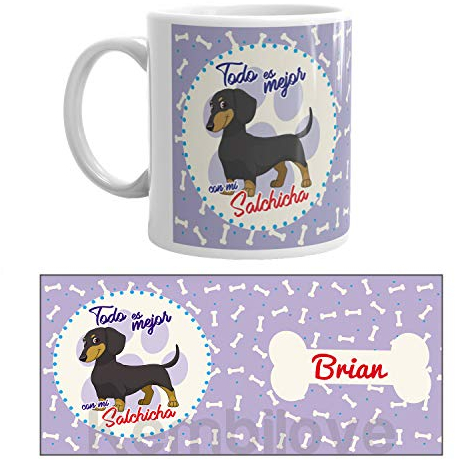 Kembilove Taza de Café de Perro Salchicha Personalizada con Nombre – Taza de Desayuno Razas de Perro – Taza de Café y Té Mascota – Taza de Cerámica Impresa – Tazas de Perro Salchicha