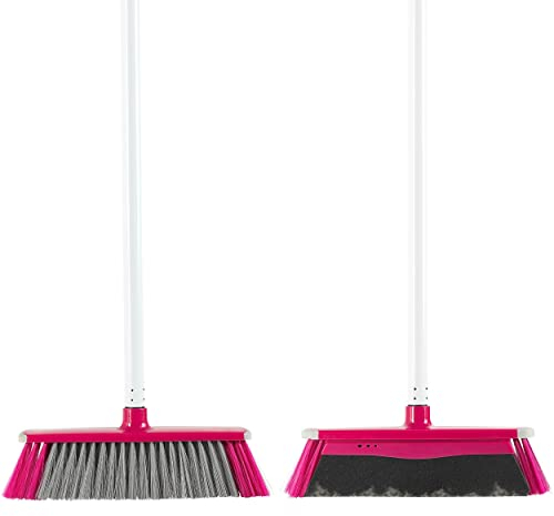 Kleeneze KL076113EU7 2 in 1 Sweeping Brush – Foam Brush with 130 cm Handle, Soft Bristles and Foam Barrier for Dust and Pet Hair, Hard Floor Cleaner, Rubber Edge for Non-Scratch Cleaning, Pink/Grey