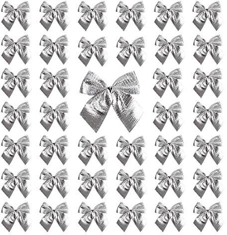 120 Stück Mini Weihnachtsbaum Schleifen Dekorationen,5,5 cm Weihnachten Flocking Stoff Schleifen Ornamente,Festival Bogen Dekoration für Weihnachtskränze Neujahr Weihnachtsbäume Dekoration(Silber)