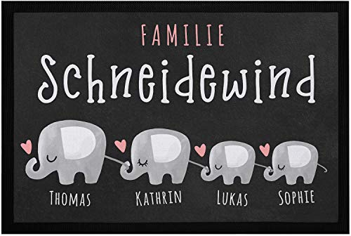 SpecialMe® Fußmatte mit Namen personalisiert Elefanten-Familie Wunschnamen anpassbar rutschfest & waschbar weiß 60x40cm