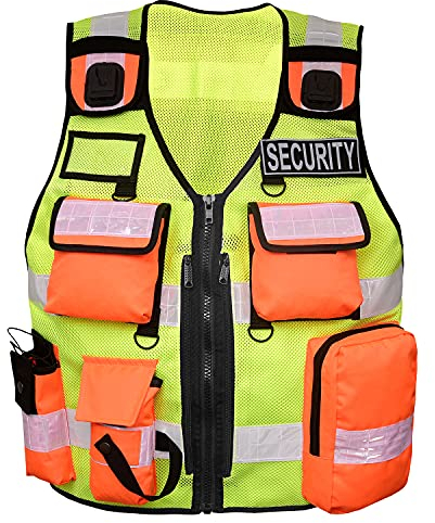 By Johanna Sicherheitswesten Einsatzweste Werkschutz Securityweste Kennzeichnungsweste Multifunktionsweste Schutzweste Reflektoren weste Reflektierend 202 Gelb Orange + 2Patch SAFETY