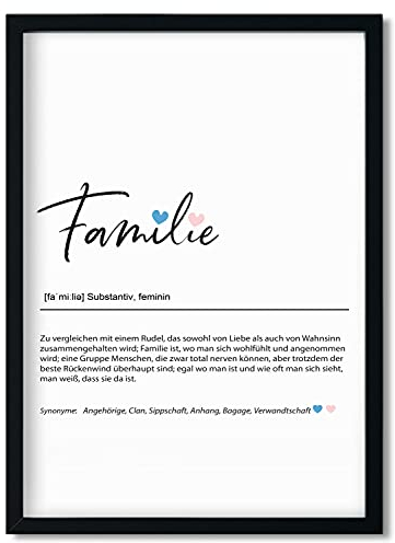 Urhome Kunstdruck Definition Familie mit Bilderrahmen Schwarz in DIN A4 - Worterklärung wie im Duden Lexikon Wandbild Wanddeko mit Spruch Holz Rahmen für Wohnung Familie Freunde Geschenk
