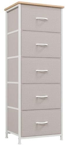 Somdot Tour de Rangement Commode Verticale avec 5 Tiroirs en Tissu pour Chambre à Coucher Bureau Buanderie Entrée Couloir Chambre d'enfant, Gris/Chêne Blanc, (FD111)