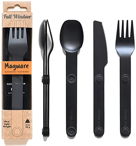 FULL WINDSOR Magware Magnetisches Camping-Besteck-Set, Reiseutensilien für Camping, Kochen und Essen im Freien, Messer, Gabel und Löffel, tragbares Besteck mit Tasche, Schwarz, 3 Stück