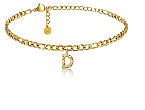 GD GOOD.designs Fußkettchen Gold mit Buchstaben D wasserfest mit 18K Vergoldung I Fussbändchen für Damen verstellbar aus Edelstahl (Buchstabe D) - Valentinstag - Geschenk für Sie