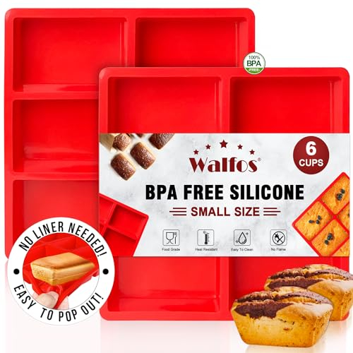 Walfos Silicone Mini Bread Baking Pan 6 Cavities Non-Stick Silicone Mini Loaf Pans 2 Pieces Food Grade Baking Mold For Bread, Cakes, Muffin, Dough, Easy Pop Out and Dishwasher Safe