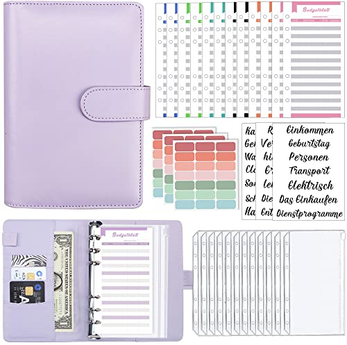 A6 Binder Budget Planner Deutsch: Geld Organizer Budget Planer mit 12 Binder Taschen, 12 Budgetblätter Deutsch, Etikettenaufklebern Sparbuch für Reisen,Tagebuch und Geschenk