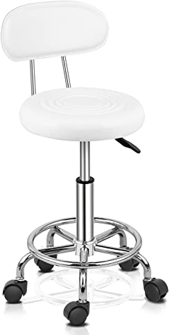 Bonnlo Professioneller Rollhocker mit Rückenlehne, Bürohocker 360° drehbar und höhenverstellbar 48-58 cm, PU-Beschichtung, für Massagesalon, Maniküre und Büro, Weiß