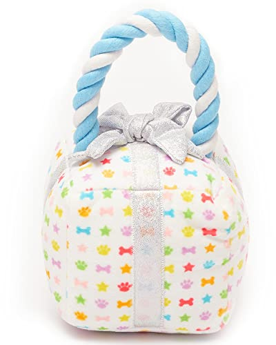 Pet London Present Gift Box Plush Toy with rope tug handle and sparkle bow, crinkle and squeaker inside