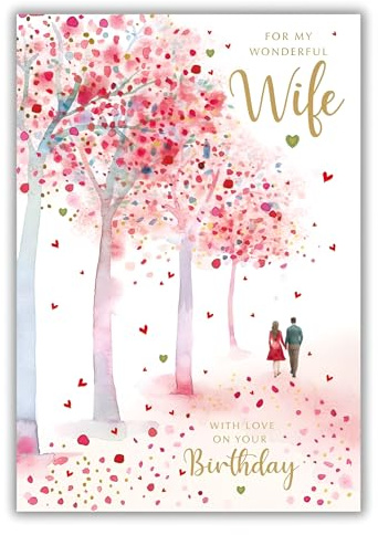 Nigel Quiney Wonderful Wife' Large Birthday Card - Cherry Blossom Walk Embossed with Foil - Eco-Friendly & Recyclable